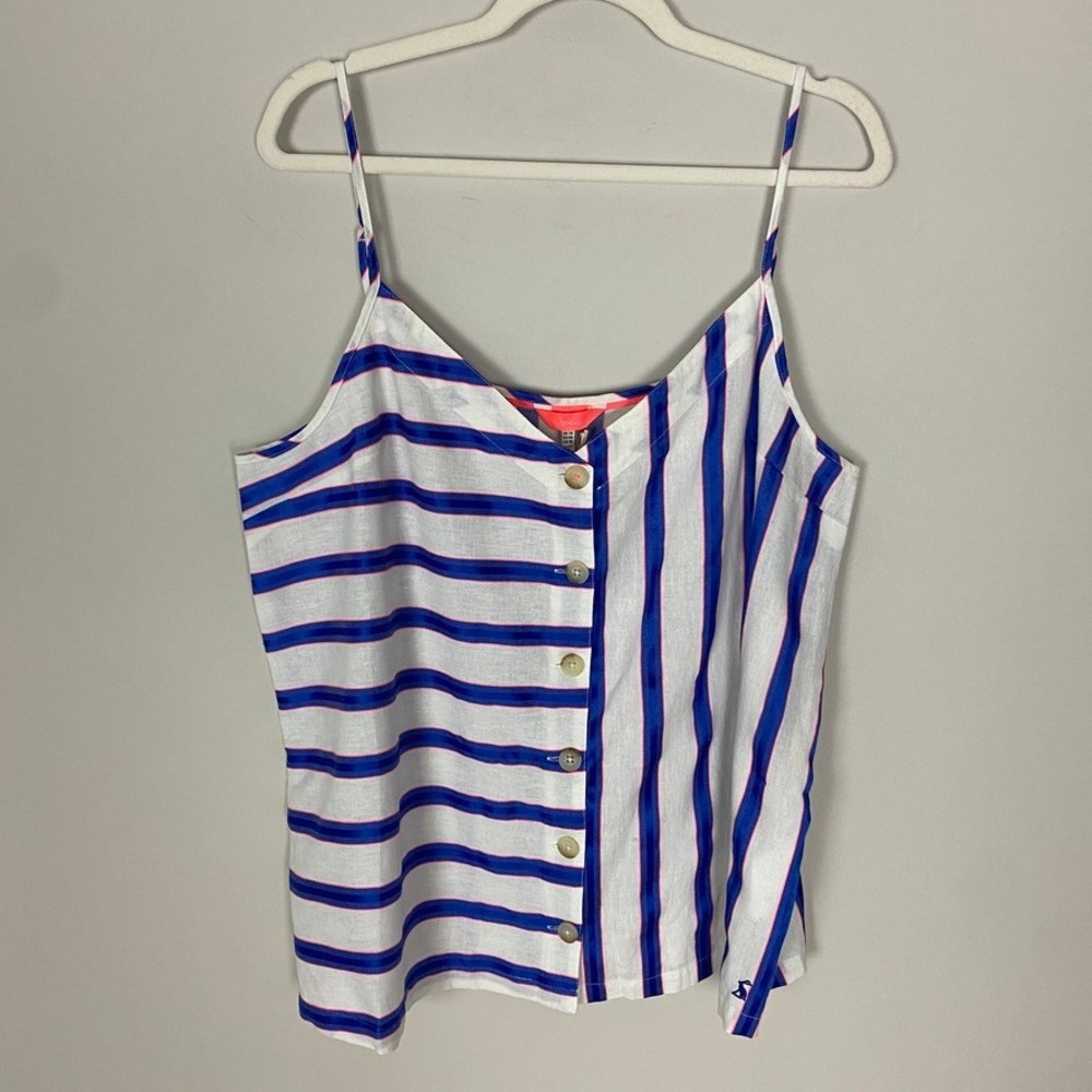 Joules Carper Stripe Linen Blend Tank Top Blue V Neck Button Front Womens 14